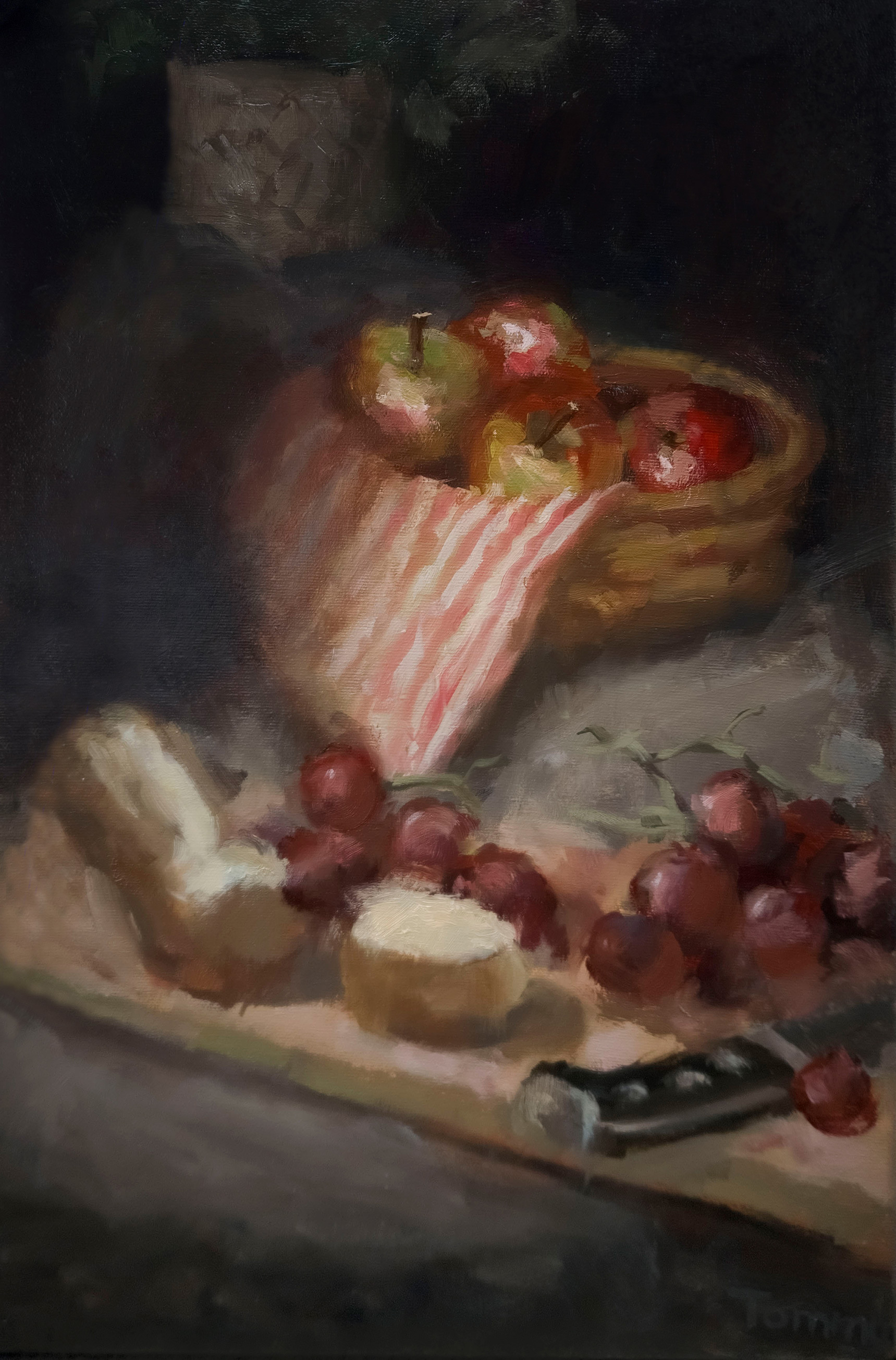 Tommy Roy. Peinture. Nature morte avec un bol, des fruits et du pain.