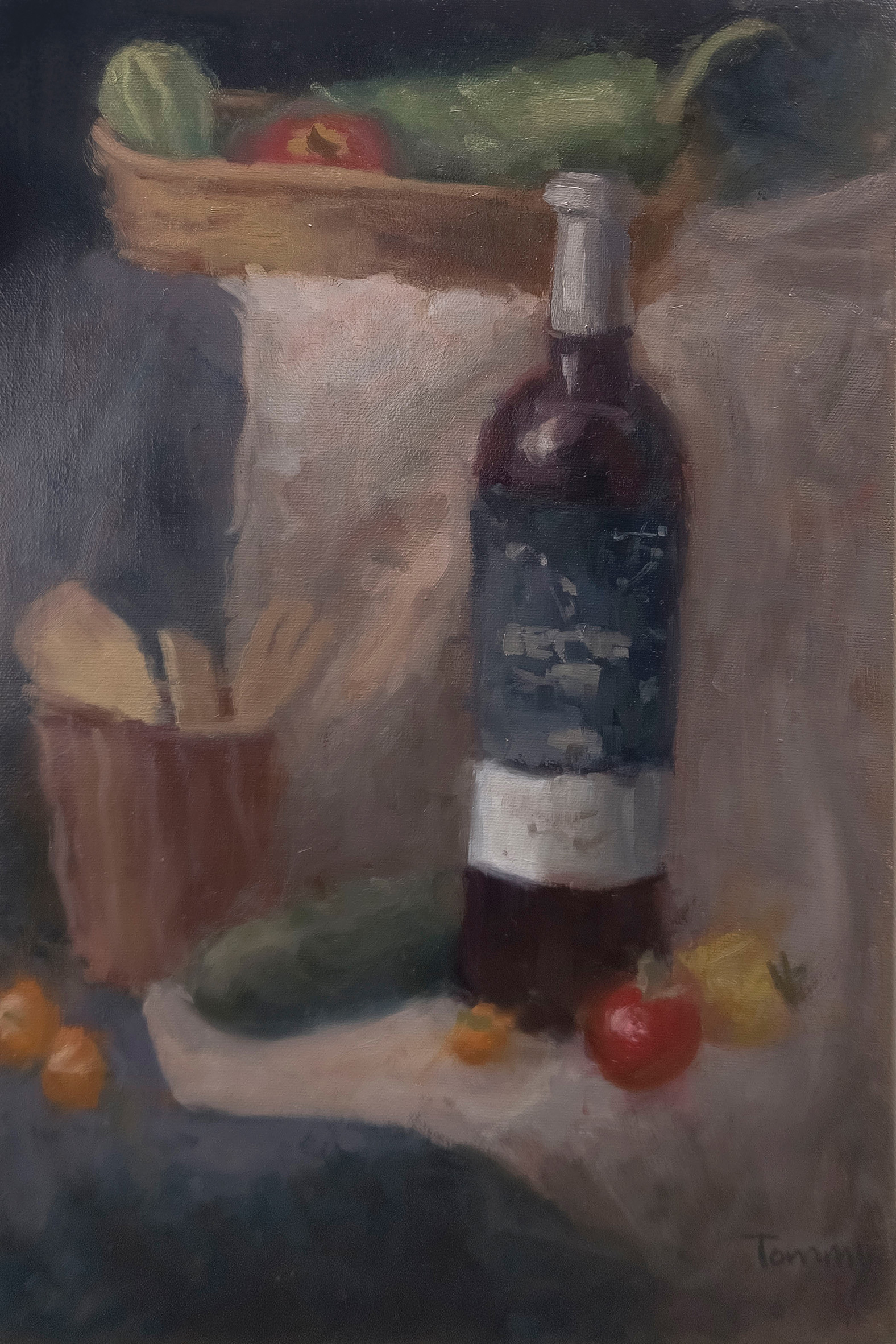 Tommy Roy. Peinture. Nature morte avec des fruits et légumes ainsi qu'une bouteille de vin rouge.